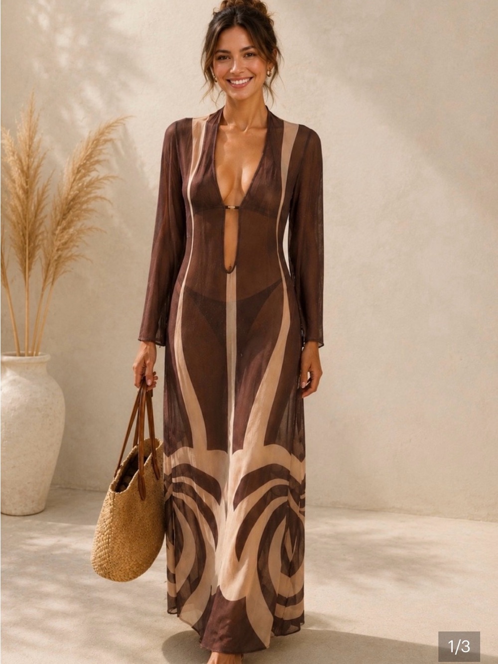 Caroline Constas Brown and Cream Sheer Maxi Swim Cover-Up